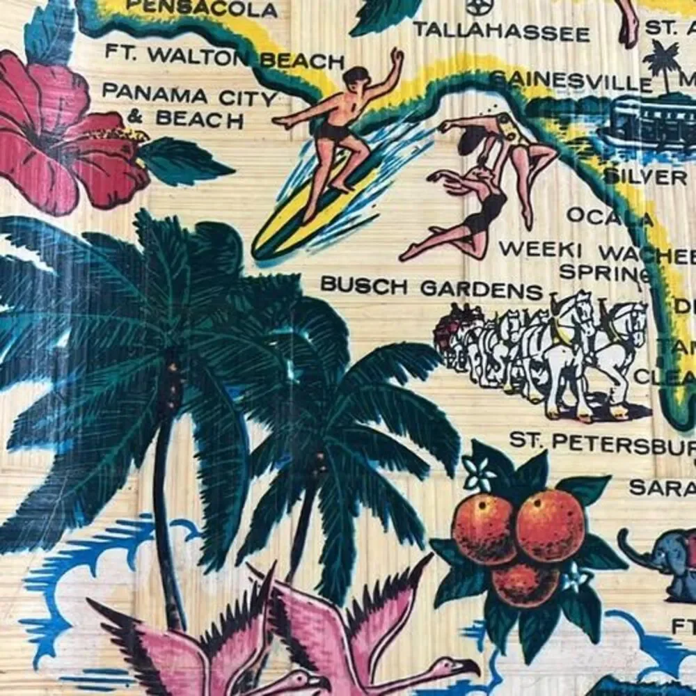 Vintage 1970s Kitsch Florida Souvenir Woven Bamboo Map Bowl - MINT with Labels